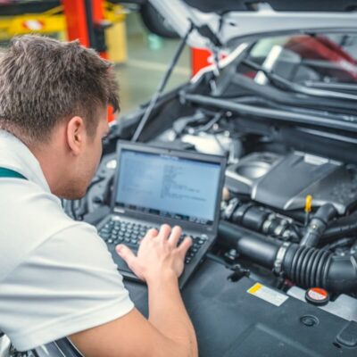 Mechanik wykonuje diagnostykę silnika za pomocą laptopa.